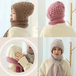 kevim Integrated Ear Protection Windproof Cap Scarf, Winter Warm Knitted Hat Scarf Multi Colors image 3