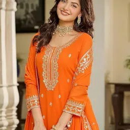 anjali fashion ANJANI FASHION Women's Orange Embroidered Kurta Set with Dupatta | Ethnic Wear for Festivals & Weddings | Georgette Blend Straight Kurti Palazzo Set image 1