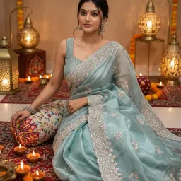 glory sarees Women’s Organza Chiffon Embroidery Work Scallop Border Saree With Blouse Piece (Chiffon101_Parent) image 1