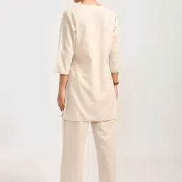 meerabella Crisp Canvas Cotton Coords Set, Beige, Floral Embroidered Top with Pants, Traditional Indian Style image 3