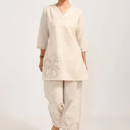 meerabella Crisp Canvas Cotton Coords Set, Beige, Floral Embroidered Top with Pants, Traditional Indian Style image 2