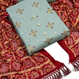 99trends Women’s Heavy Cotton Embroidery Work Unstitched Salwar Suit Dress Material With Bandhani Pattern Dupatta – Free Size (Top + Bottom + Dupatta Set) image 5