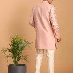 vastramay Men's Aqua Silk Blend Sherwani Set | Trend setting Men's Indowestern Style Mirror Work Sherwani.Comes with Pant Style Pyjama. image 2