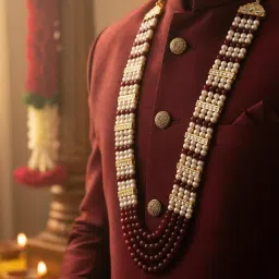 mahi Multi-Layer Artificial Pearl & Maroon Beads Necklace | Wedding Sherwani Jewellery for Men | Ethnic Dulha Haar for Marriage Ceremony (ML1103875G) image 3