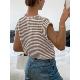 jawdrobe Women's Polyester Striped Round Neck – Cap Sleeve Summer Casual Top Tee | Summer Tops for Women | Tank Top Loose Fit image 3