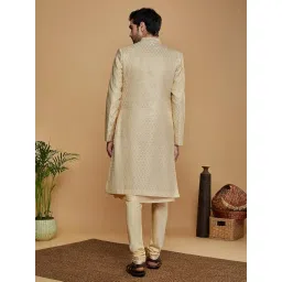 kisah Mens Kurta Sherwani Churidar Set Silk Blend Jacquard, Indo-Western Ethnic Wear for Men, Cream image 4