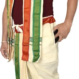 tuni mani Men's SPL Padayappa Mayilkan Border Readymade Panchakacham Cotton Dhoti Pant/Angavasthram(Towel) with Side Pocket image 1