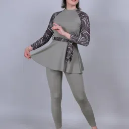 megaska Modest Swimsuits with Swim Top Swim Legging and Belt Full Sleeve Chest Pads Full Body Cover Swimming Costume Swimwear Set for Women image 4