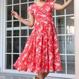 janasya Women's Fit and Flare Midi Georgette Floral Printed Flared Western Dress image 2