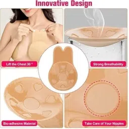 zupeya Adhesive Invisible Lift-Up Bra Pads for Women | Push Up Rabbit Shape Silicone Nipple Cover | Backless Strapless Bra for Party (in, Alpha, XL, Beige) image 3