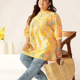 janasya Women's Plus Size Yellow Pure Cotton Tropical Printed A-line Tunic image 4