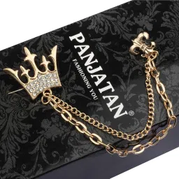 panjatan Men's Crystal Crown Brooch with Golden Chain – Brooch for Sherwani, Suit & Blazer image 3