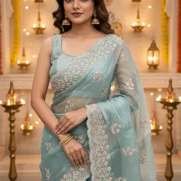 glory sarees Women’s Organza Chiffon Embroidery Work Scallop Border Saree With Blouse Piece (Chiffon101_Parent) image 3