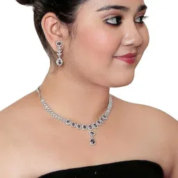 gemron jewel American Diamond Cut Rhodium-Plated Cubic Zirconia Necklace and Drop Earrings Set, AD Studded Jewellery (Pack Of 1) image 1