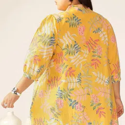 janasya Women's Plus Size Yellow Pure Cotton Tropical Printed A-line Tunic image 3