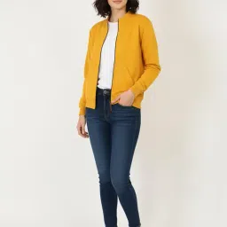leotude Women's Drop Shoulder Loose Fit Loopknit Bomber Jacket with Zipper Closure and Side Pockets Jackets For Women (Colour: Mustard) image 3
