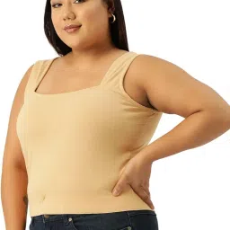 therebelinme Plus Size Women's 6230BC_Beige Solid Color Cotton Knitted Crop Top image 1