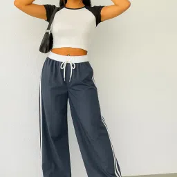 sakhwala Women Track Pant | Women's Wide Leg Track Pants High Waist Drawstring Sweatpants with Side Stripes, Casual Loose Fit Lounge Joggers, White image 4