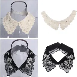 bnf 2Pcs Women Fake Collar Removable False Blouse Embroidered Collar Black Beige | Womens Accessories | Scarves & Wraps image 4