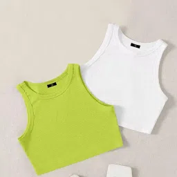 keri perry (Pack of Two) Stylish Sleeveless Round Neck Ribbed Tank Tops for Women and Western Crop Short Top image 1