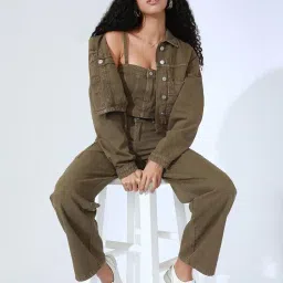 showoffff Women's Khaki Top and Jeans Co-Ords Set with Over Jacket-IM-11614-15-13_Khaki image 5