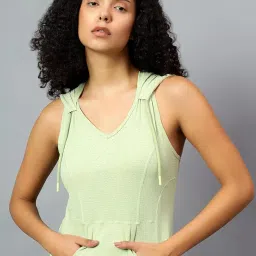 fitkin Womens Green Self Design Sleeveless Hooded Tank Top image 3