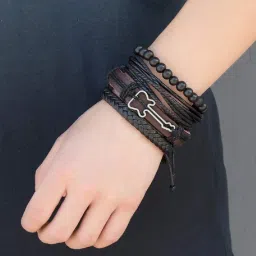 university trendz Black Base Metal Leather Funky Multistrand Guitar Charm Bracelet for Men & Boys (Set of 4) (Multi Color) image 5