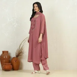 biba Women's Pink Georgette Hand Embroidered Unstitched Suit Set image 1