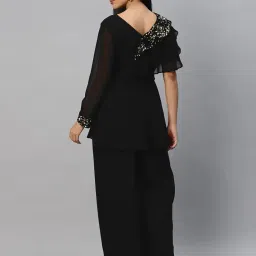 cottinfab Women Black Solid Co-ord Set with Ruffled and Sequined Top and Palazzo image 4