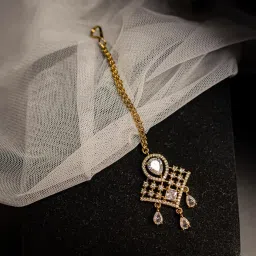 zeello Gold Plated CZ Maang Tikka for Women | Traditional Bridal Headpiece Hair Jewelry image 1