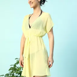 oxolloxo Women Solid V-Neck Short Sleeve Elasticated with Tie-Up Detail Knee-Length Beachwear Kaftan image 5