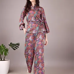 rafakha Shimmer Satin Printed & Straight Cut/Wide/Kimono Sleeves Co ord Set | Full Pant Shirt Suit for Women for Casual & Outing image 1
