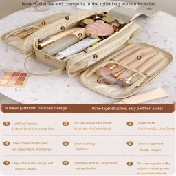 zclbjiahui Travel Toiletry Bag for Women PU Leather Triple-layer Double Zipper Makeup bag，Portable Waterproof with Handle Mens Toiletry bag Stowable Brushes Set, Toiletries，Makeup Accessories, Beige image 3