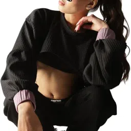 the pocca Women's Ultimate Black Ribbed Crop Top Size M,L,XL | Long Sleeve Pullover Sweatshirt with Contrast Cuffs | Trendy Streetwear Top for Women | Oversized Fit, Soft Knit Fabric image 1