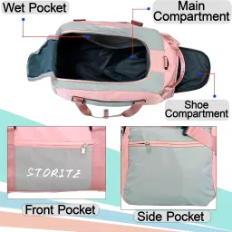 storite Nylon 46 Cm Multi Purpose Travel Duffle Bag With Dry And Wet Separate Pocket, Lightweight Waterproof Backpack Carry Luggage Bag With Shoe Compartment (Pinkgrey, 46X27X24 Cm), 25 Centimeters image 2