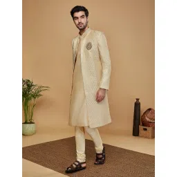 kisah Mens Kurta Sherwani Churidar Set Silk Blend Jacquard, Indo-Western Ethnic Wear for Men, Cream image 2