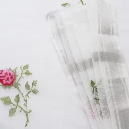 sijileen Kota Doria Cotton Saree with Embroidery Floral Design, Silver Zari Border, Blouse Included image 4