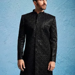 vastramay Men's Velvet Sherwani Only Top - Velvet Sequined Embroidered Indo Western image 1