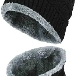 cirvex Unisex Winter Cap & Scarf Set Woolen Ultra Soft, Warm & Snow-Proof Faux Fur Lining For Men, Women, Boys & Girls (Multicolor, Pack of 1) image 1