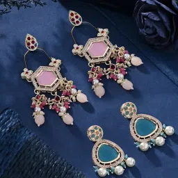 zaveri pearls Set Of 2 Blue & Pink Kundan & Austrian DiamondsTraditional Dangle Drop Earring For Women-ZPFK16871 image 1