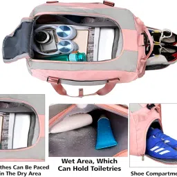 storite Nylon 46 Cm Multi Purpose Travel Duffle Bag With Dry And Wet Separate Pocket, Lightweight Waterproof Backpack Carry Luggage Bag With Shoe Compartment (Pinkgrey, 46X27X24 Cm), 25 Centimeters image 4