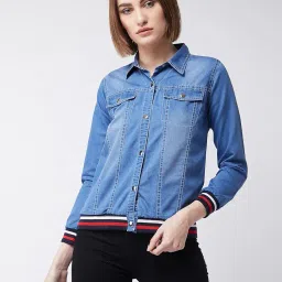 miss chase Women's Neck Full Sleeves Light Weight Denim Knee-Long Shrug image 1