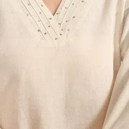 meerabella Crisp Canvas Cotton Coords Set, Beige, Floral Embroidered Top with Pants, Traditional Indian Style image 5