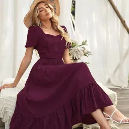 kasibaa Women’s Solid Chinon Midi Dress | Square Neck Puff Sleeve Fit & Flare Casual Summer Dress with Ruffle Hem image 4