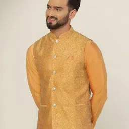kisah Men's Nehru Jacket, Off White Silk Blend, Woven Design Mandarin Collar Regular Fit Sleeveless image 2