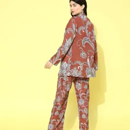 varanga Women Rust Floral Printed Crop Top Paired With Blazer And Bottom image 2