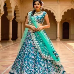 anshu signature Designer Lehenga Choli Set for Women | Embroidered Top, Bottom & Dupatta | Short Sleeve Semi-Stitched Ethnic Outfit | Attractive Fashionable Traditional Indian Lehenga (Aqua Blue) image 1