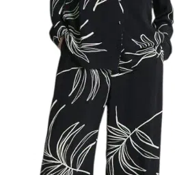 simnilstudio Black Ethnic Co-ord Set for Women with Abstract White Leaf Print | Black Relaxed Fit Shirt & Wide-Leg Pants | Indo-Western Co-ord Set for Women image 1