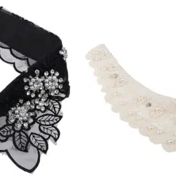 bnf 2Pcs Women Fake Collar Removable False Blouse Embroidered Collar Black Beige | Womens Accessories | Scarves & Wraps image 2