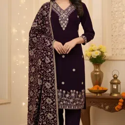 kind stitch | Women's Premium Velvet Wine-Coloured Embroidered Straight Fit Kurta Pant & Dupatta set | Velvet Heavy Kashmiri Dupatta | Ethnic Wear | Sizes L-XXL image 1